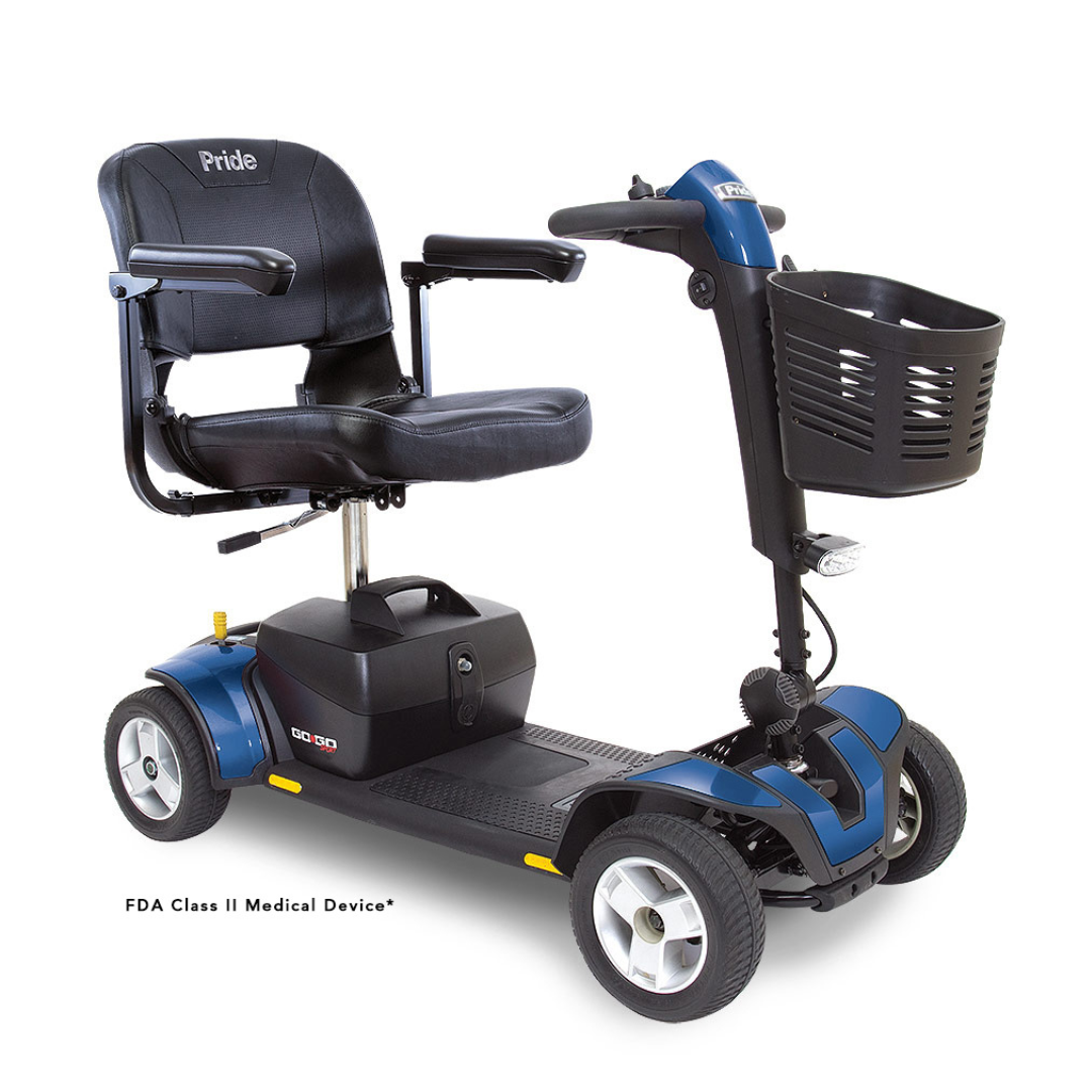 The Pride Go Go® Sport 4-Wheel Scooter, a blue and black FDA Class II Medical Device, has a padded seat, armrests, and a front basket. Its feather-touch disassembly boosts portability while four wheels and a steering handle ensure smooth navigation.